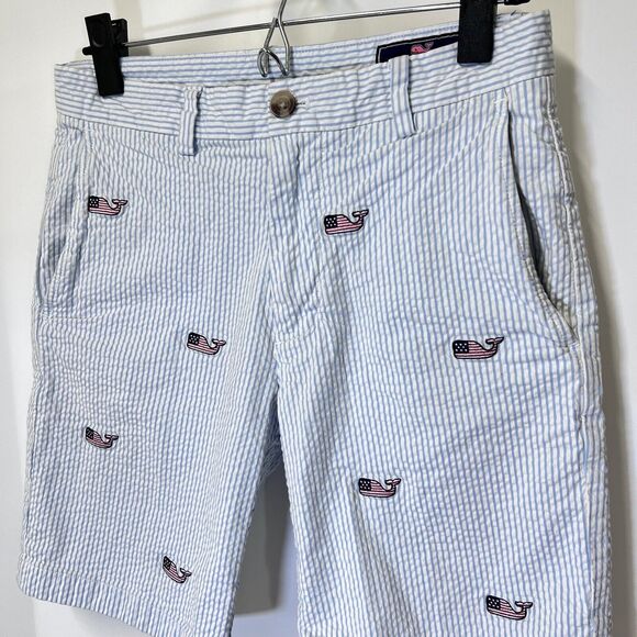 Vineyard Vines Seersucker Club Shorts Chino Striped Blue Men’s 28 Whale US Flag - Picture 3 of 15